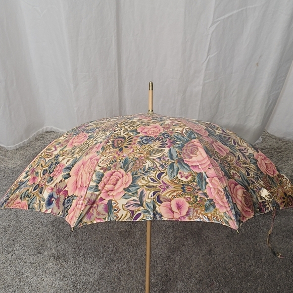NOS Vintage Victoria's Secret Floral Roses Bamboo Handle Parasol Umbrella Lolita - Picture 11 of 12